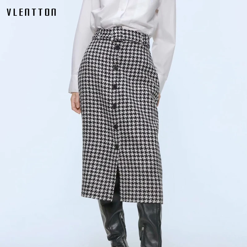 Женская твидовая юбка миди с поясом винтажная клетчатая офисная высокой талией