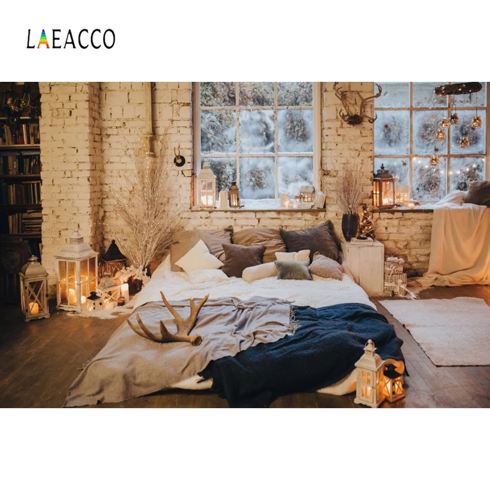 Laeacco Рождественская кровать дерево окно лампа домашний интерьер Декор фотографии фоны для фотографий фоны для фотостудии