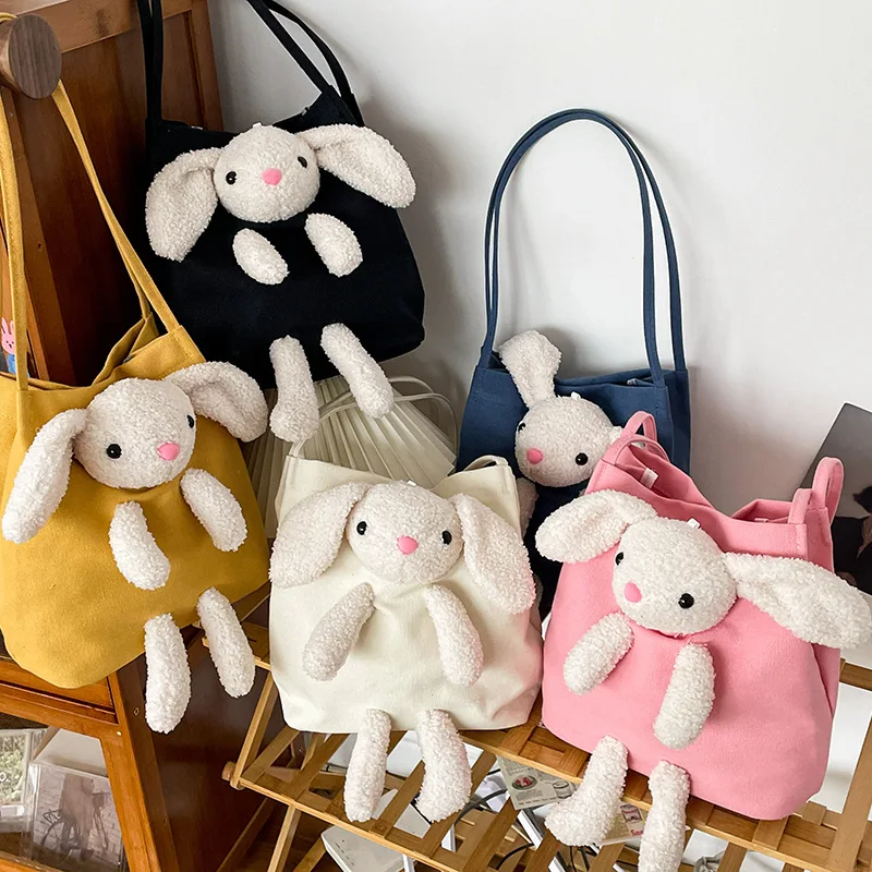 

Large Capacity Women Canvas Bucket Bag Ladies Handbag With Cute Rabbit Pendant Designer New Travel Shopping Shoulder Bag Female