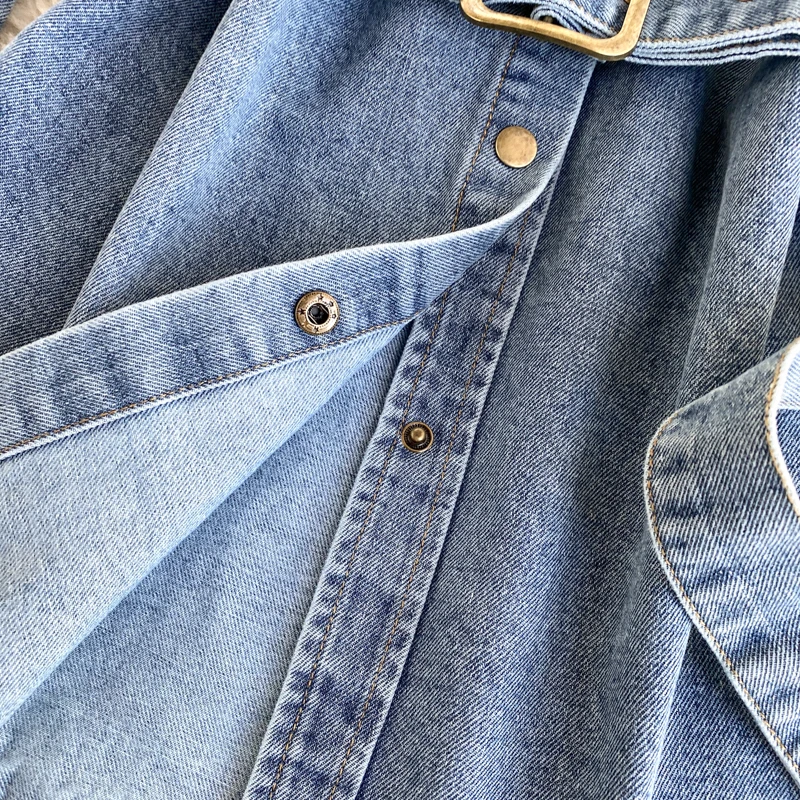 

Women fashion spring autumn denim blouse turn down collar long sleeve buttons jeans shirt belted tassels female shirts tops