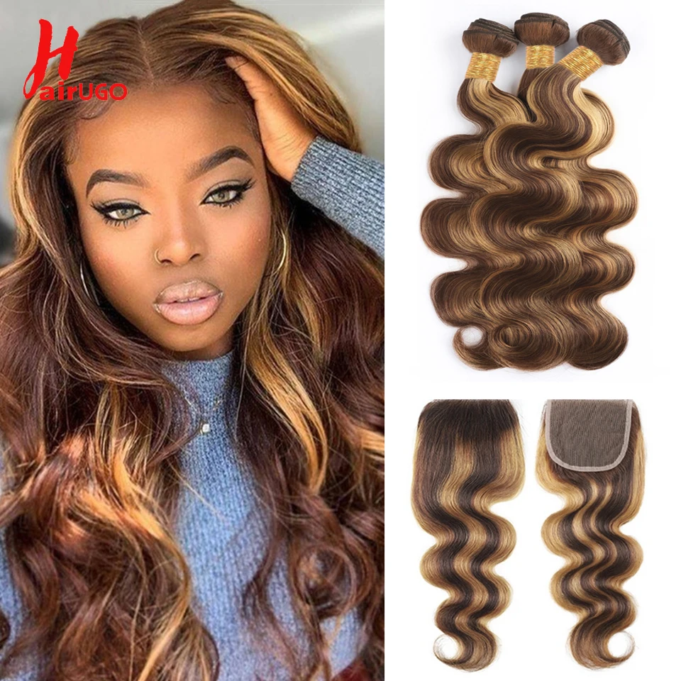 HairUGo P4/27 Highlight Body Wave Human Hair Bundles With Closure Omber Remy Brazilian Hair Weave 4*4 Lace Closure With Bundles