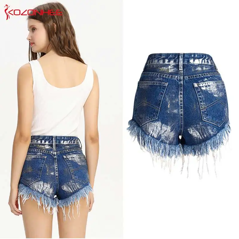 Женские неэластичные джинсовые шорты летние с высокой талией и бахромой #07 |