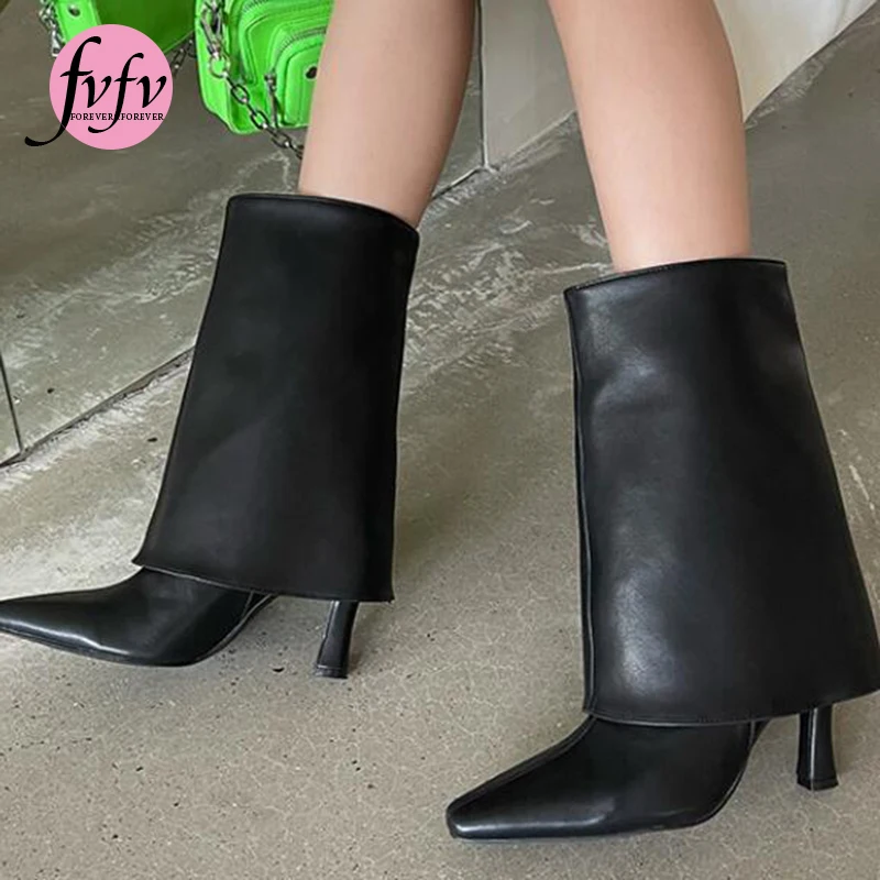 

[FVFV]Fashion Pointed Toe Slip-On Split Fork Pants Design Ankle Boots Stiletto Heels 2021 Winter Women Shoes Pumps Size 41