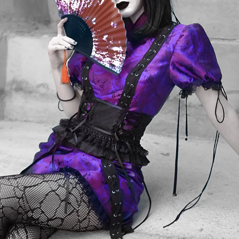 

Gothic Purple Sexy Dress Women Butterfly Print Qipao High Waist Dresses Fashion Vintage Lace Cheongsam 2021 Summer Fashion Girl