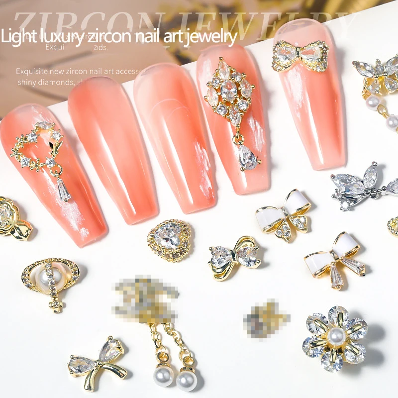 

The Latest Zircon Nail Art Metal Rhinestone Diamond Alloy Butterfly Pearl Diamond Pendant Chain Nail DIY Decorations Accessories