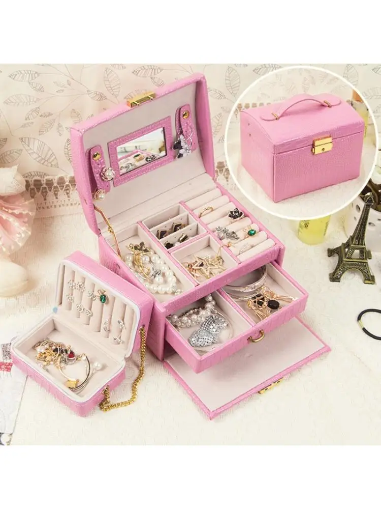 

Lockable Jewelry Box Necklace Ring Storage Organizer Leather Large Jewel Case X7YA