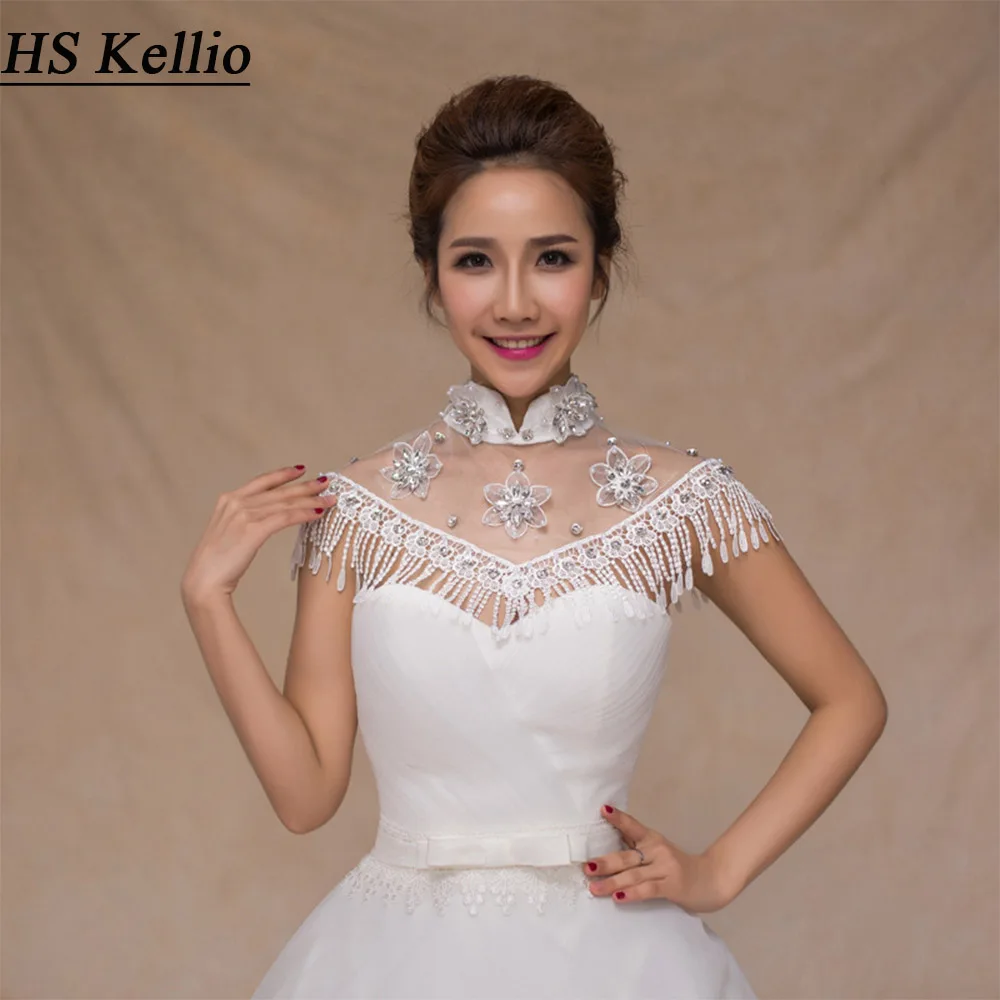 

High Collar Wedding Shawl Cap Sleeve Lace Bridal Jacket With Lace Appliques And Beads