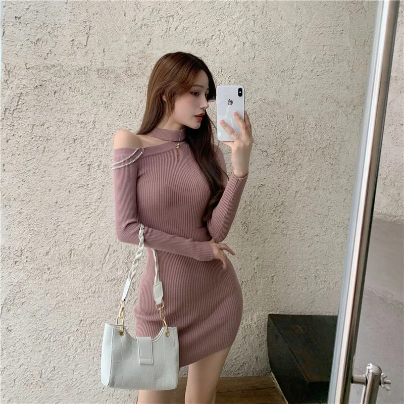 

Цельнокроеное корейское женское сексуальное мини-платье осень-зима вязаное платье-свитер с открытыми плечами Стразы тонкое базовое вязано...