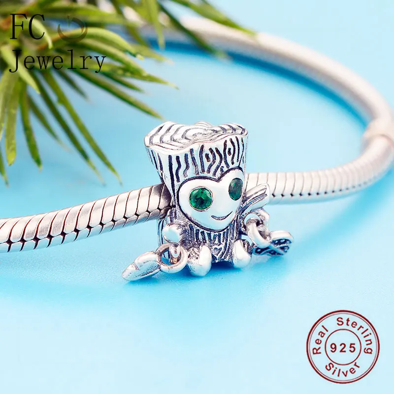 FC ювелирные изделия подходят для браслетов Pandora, Настоящее серебро 925, дерево, лист монстра, зеленый циркон, глаз, бусина