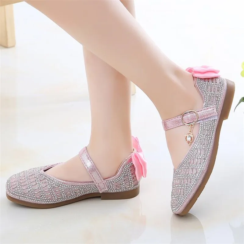 Туфли для девочек блестящие туфли принцессы детей на плоской подошве с