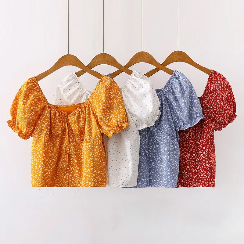

Summer Women Floral Print Short Chiffon Shirt Ladies Slash Neck Puff Sleeve Pleated Fashion Short Tops Blouses