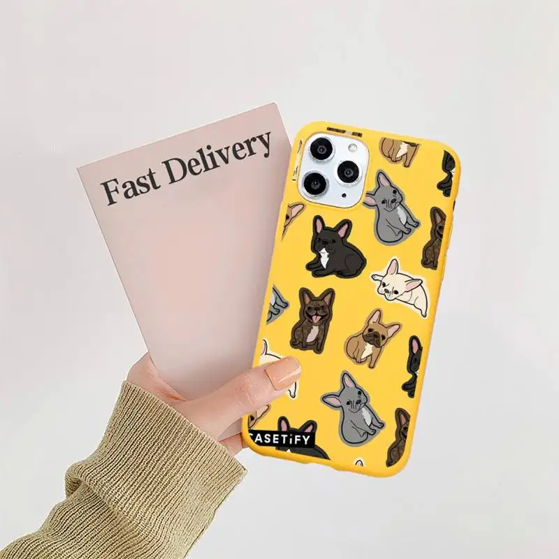 

Cute dog puppy Pug Bulldog blowing Phone Case Candy Color Yellow for iPhone 11 12 pro XS MAX 8 7 6 6S Plus X 5S SE 2020 XR