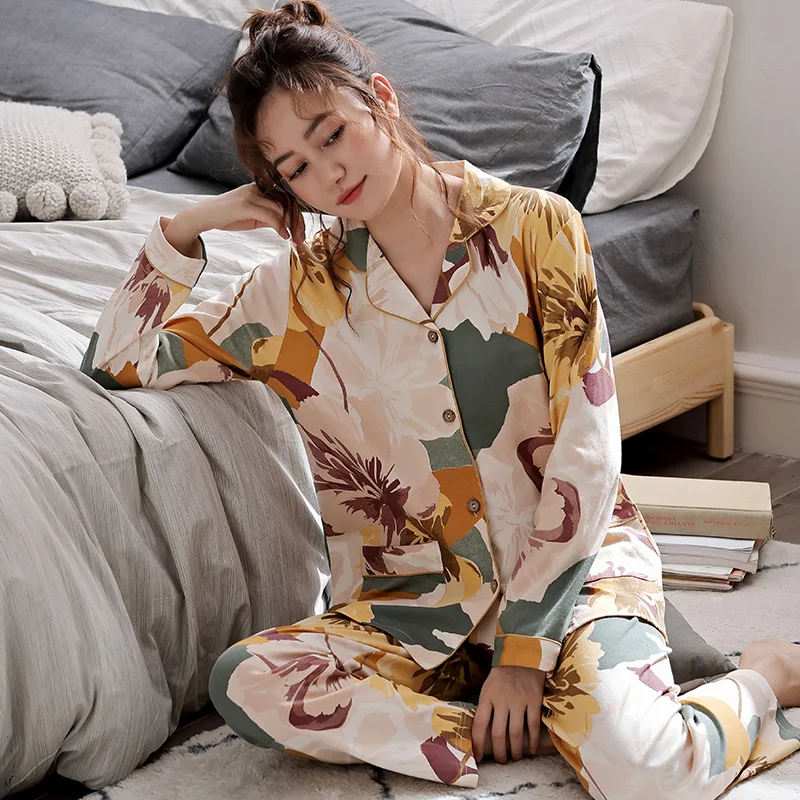 

Spring Cotton Women's Pajamas Long Sleeve Turn-down Collar Cardigan Two Pieces Set Women Pyjama Plus Size M-4XL Female Sleepwear