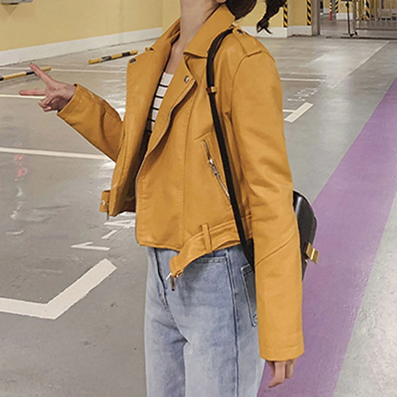 Мотоциклетная Осенняя кожаная куртка женская черная красная желтая зеленая