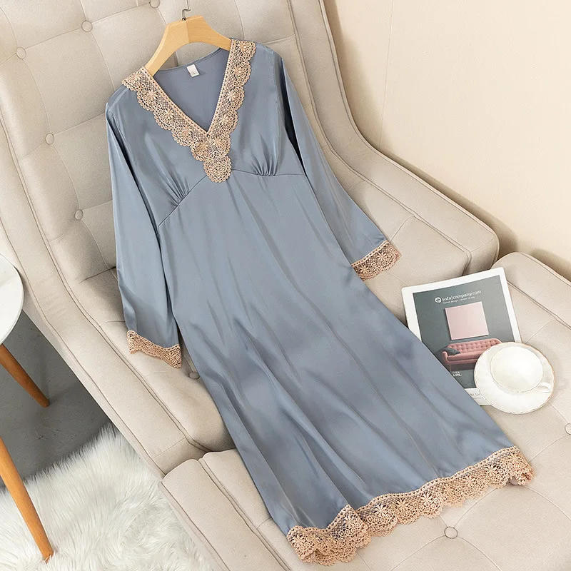 

Nightgowns Women's Sexy Mid Length Over Knee Sexy Silk Long Sleeve Long Skirt Pullover Sleepshirts Night Dress Women Sleepwear