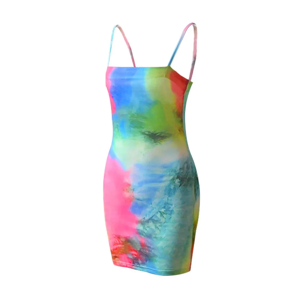 

Ladies Sexy Bodycon Tie Dye Mini Dress Women Spaghetti Strap Dresses Summer Fashion Streetwear Neon Slim Skinny Sleeveless Dress