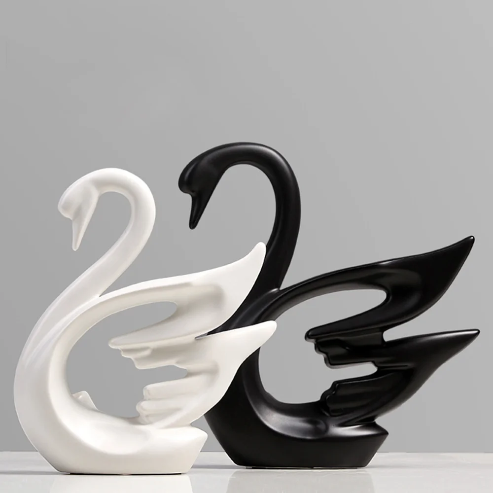 

2Pcs Creative Couple Swan Figurine Ornament Household Ceramics Art Adornment