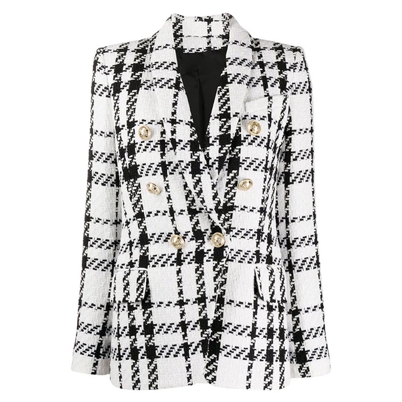 QUALITY Newest HIGH 2021 Designer Blazer Women's Shawl Collar Double Breasted Lion Buttons Plaid Tweed Blazer Jacket