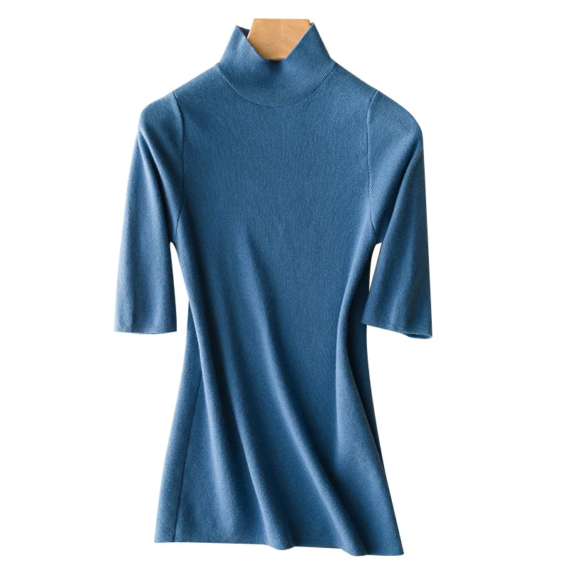 

2020 Spring Half High Neck Women Sweater Soild Color Silm Kintted Fashion Half Sleeve Female Casual Pullovers Basic Clothes