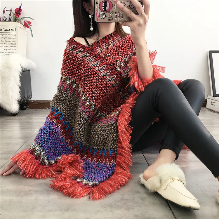 

Lugentolo Knitted Ponchos and Capes Women Spring New Pullover Mohair Fringed Scarf Jacket Office Lady