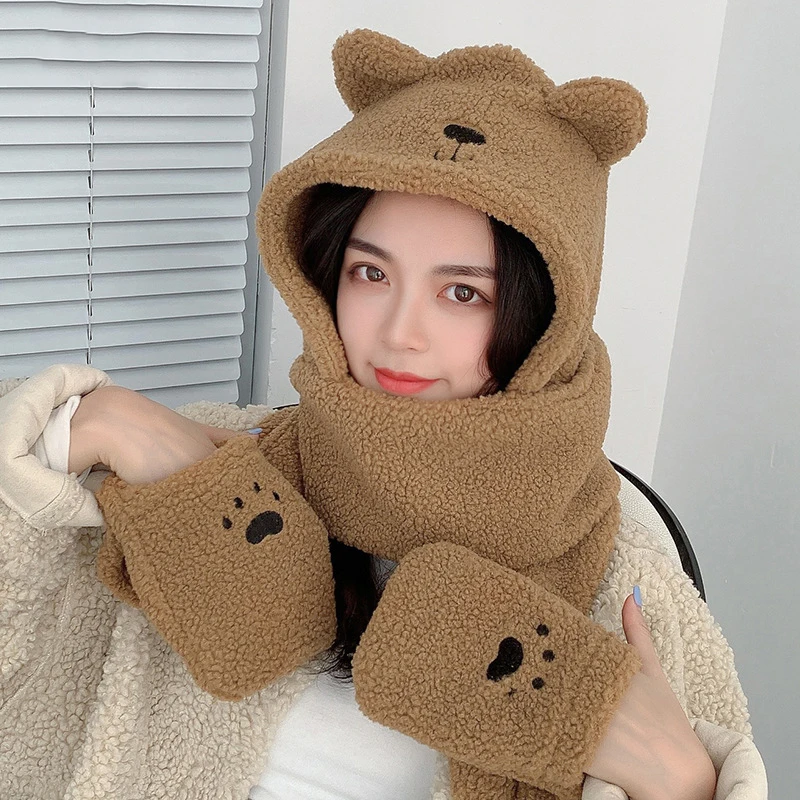 Skullies Beanies for Women Designer Bonnets Winter Cute Girl Ear Protection Warm Bear Hat Plush Wool Scarf Bib Gloves One Piece