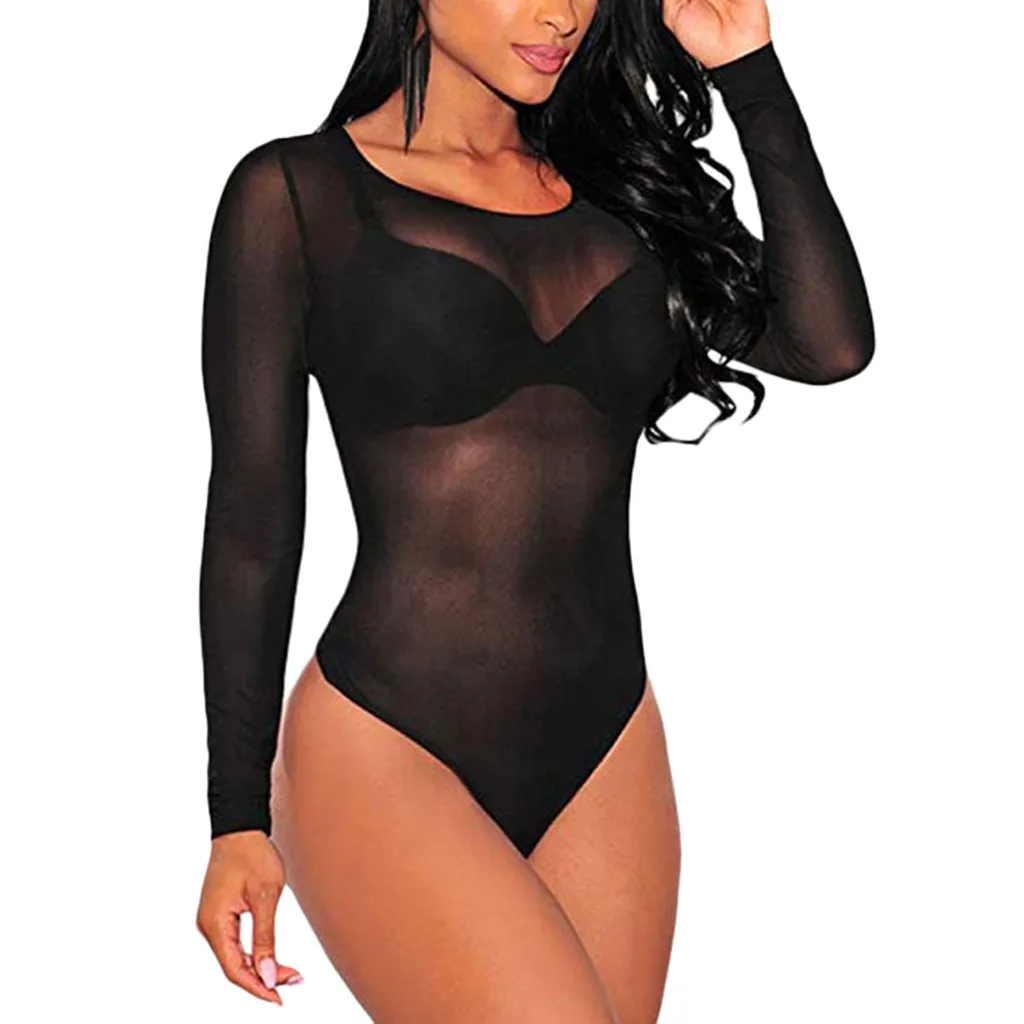 Женский эластичный сетчатый трико с длинным рукавом комбинезон топы боди