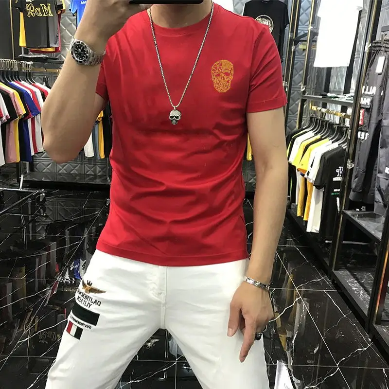 mens soft breathable trend street self cultivation brand summer t shirt 3d skull hot drill bottoming short sleeve free global shipping