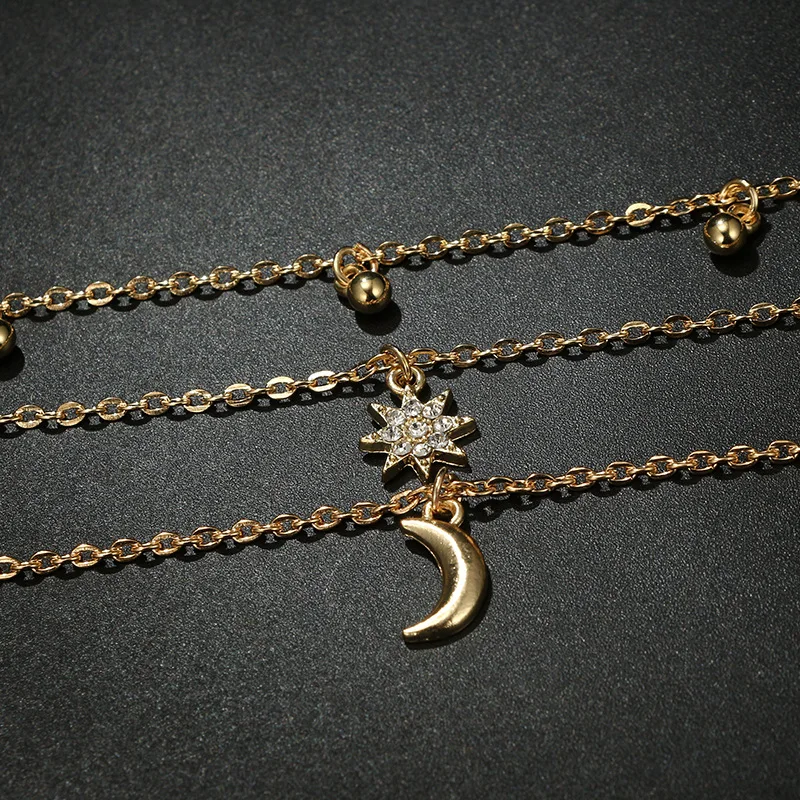 

Fashion Alloy Metal Polygonal Star Moon 3 Layers Pendant Necklace