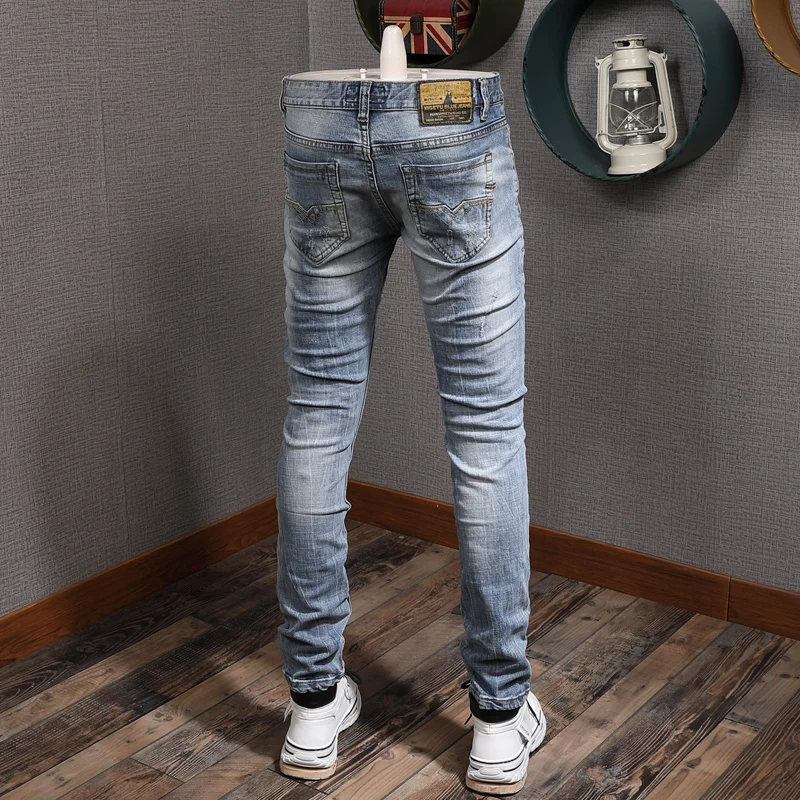 Fashion Ripped Light Blue Jeans Men Summer Streetwear Casual Cotton Slim Fit Stretch Denim Pants