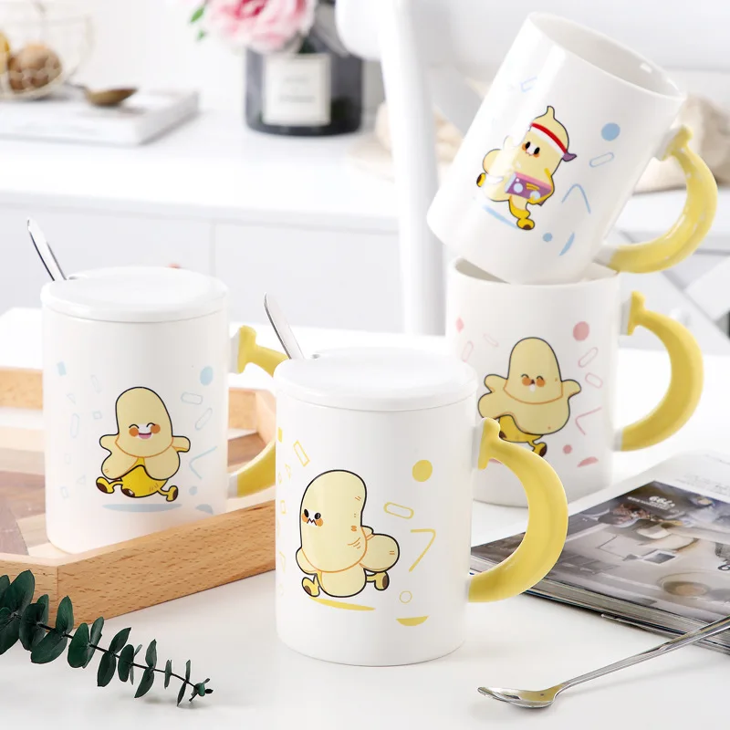 

Cute Animals Corgi Cactus Banana Ceramic Mug with Lid Spoon Set For Kids Office Home Drinkware Gift