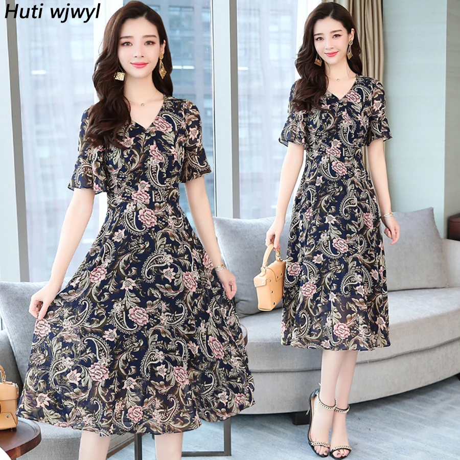 

2022 Korean Boho Beach Midi Dress Summer New Vintage Plus Size Floral Chiffon Sundress Elegant Women Blue Short Sleeve Vestidos
