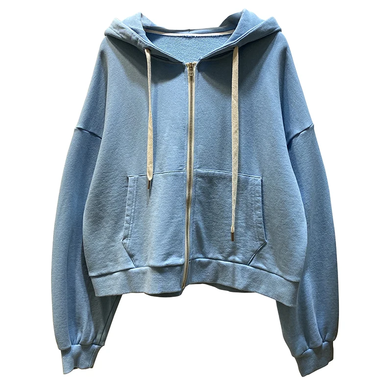 

Spring Korean Style Retro Classic Casual Zipper Loose Hooded Sweatshirt Women's Terry Cotton Short Coat Pink Tops
