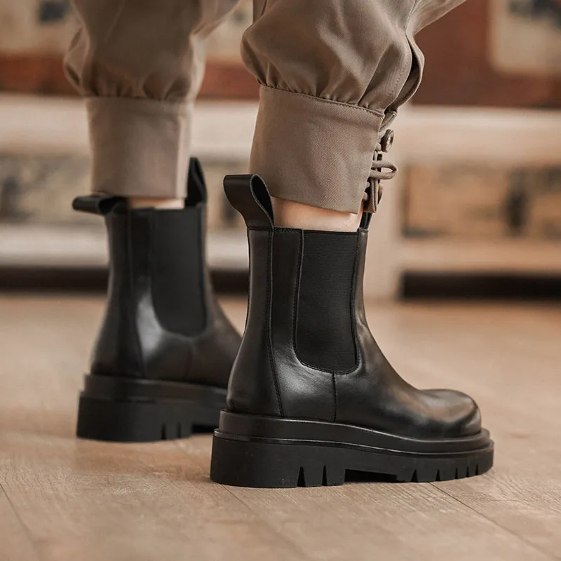 

RIZABINA Real Leather Women Ankle Boots Trifle Flats Slip On Shoes Round Toe Winter Warm Boots Fashion Women Footwear Size 34-39