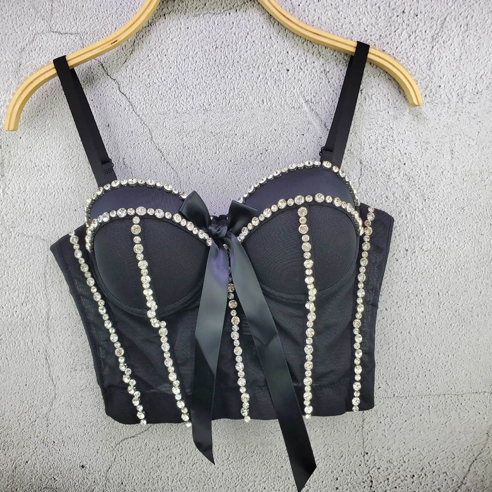 SXTHAENOO Fashion Tops Sexy Beading Rhinestone Bra Push Up Bralet Women's Corset Bustier Bra Night Club Party Cropped Top Vest