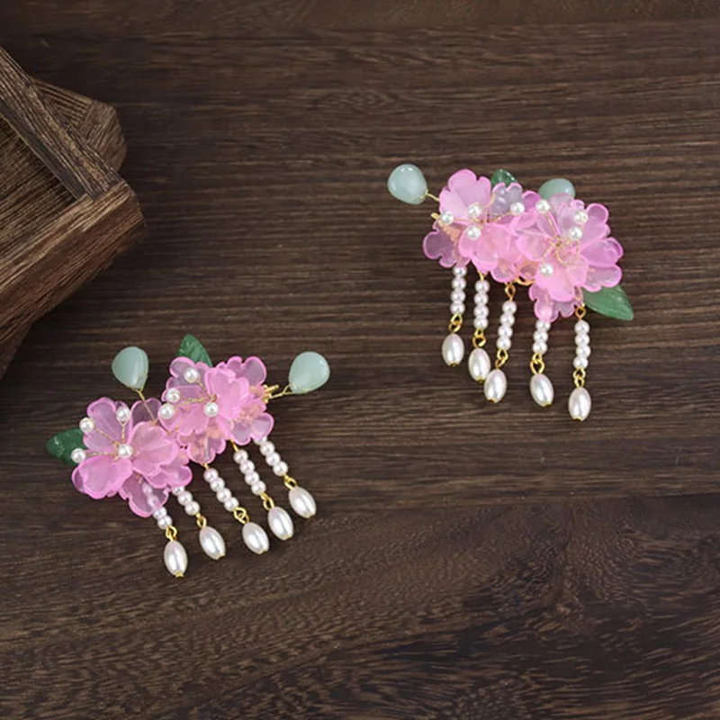 

2 pcs Vintage Pink Flower Girl Hair Clips Hairpin HanfuTraditional Headdress Handmade Hair clip