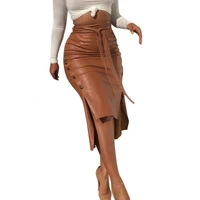 sexy women skirt autumn winter faux leather bandage side button bodycon split solid color ladies midi skirts