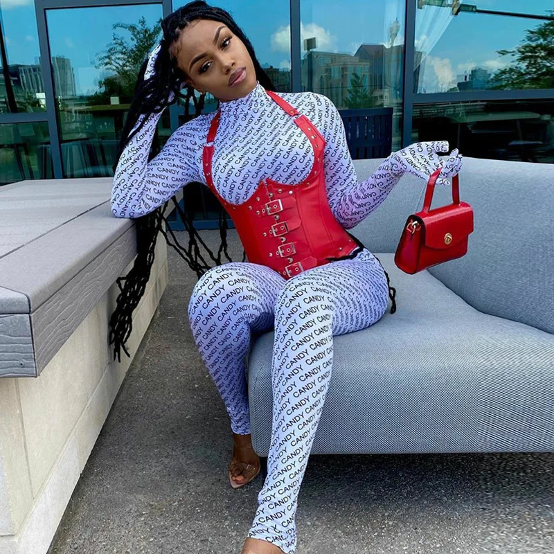 

Long Sleeve With Gloves Letters Print Sexy Jumpsuit Autumn Winter Women Fashion Streetwear Outfits Romper Body