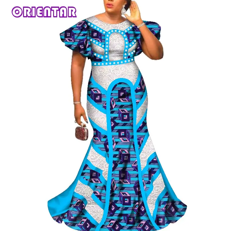Elegant Lady African Print Maxi Dresses Women Bazin Riche Lace O-neck Dashiki African Traditional Dress Robe Africaine WY2586