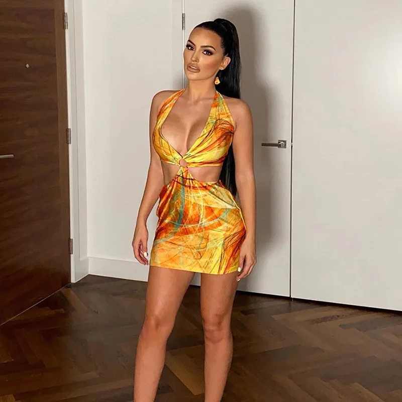 

Summer Halter Harajuku Dress Panelled Backless Beach Sexy Dresses Women Bandage Print V Neck Sleeveless Pencil Dress Fashion New