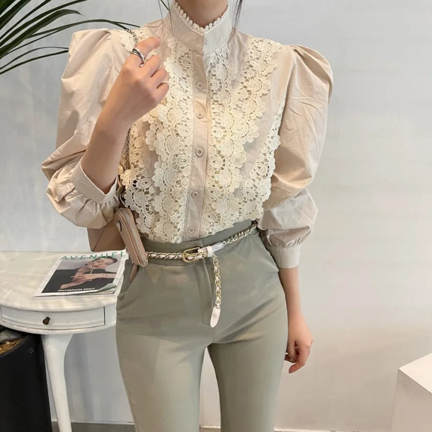 

Comelsexy Chic Patchwork Lace Sweet Femme Women 2021 Korean Fashion Party Office Lady Prom Brief OL Retro Gentle Outwear Shirts