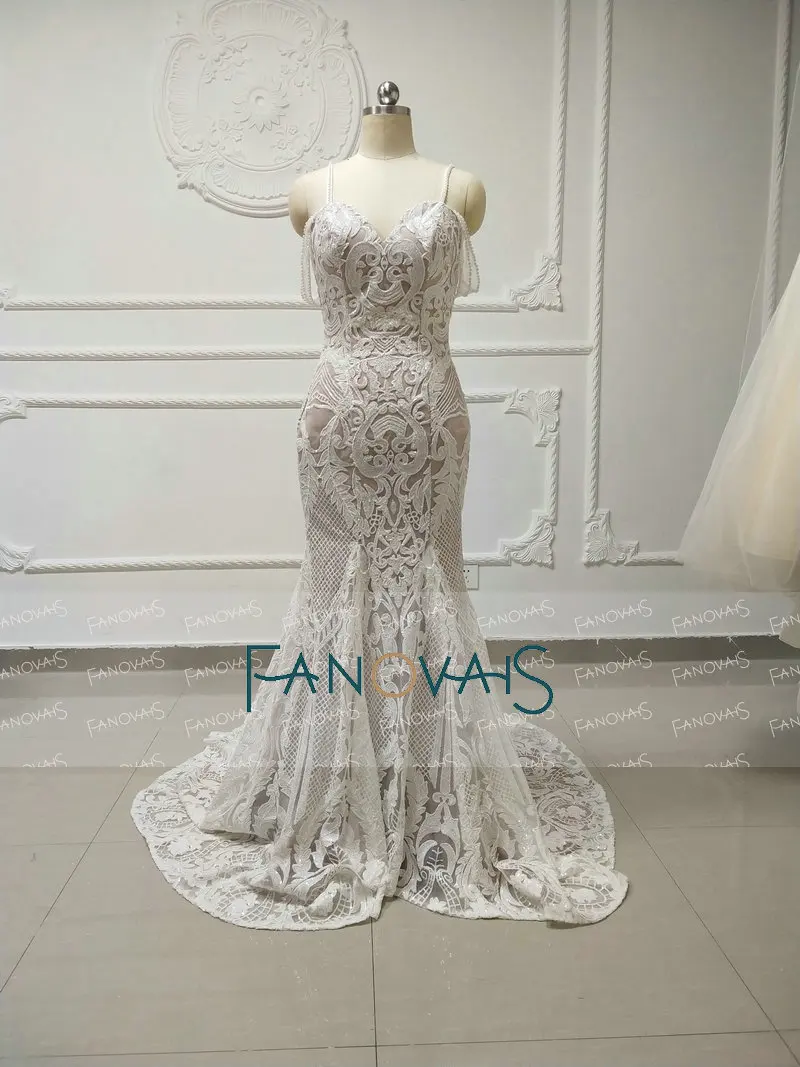 Старинные кружева Русалка свадебное платье Турция Vestido de Novia блесток кружева Sheer свадебные платья халат mariee gelinlik casamento - Цвет: with straps
