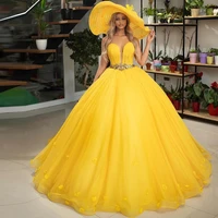 bright yellow puffy skirt prom dresses sweetheart crystal belt tulle 3d flower pageant dress sweep train special occasion dress