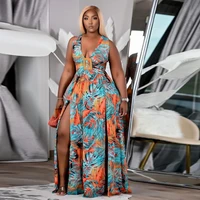 plus size women long dress print sleeveless v neck hollow out bandage splited maxi dresses sexy fashion vestidos summer outfits