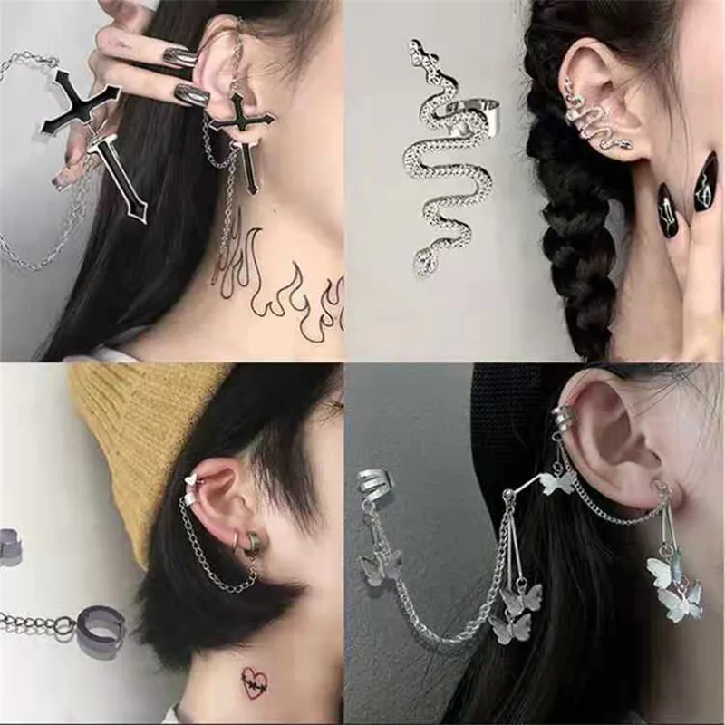 

Vintage Punk Butterfly Clip Earring For Teens Women Men 2021 New Fashion Ear Cuffs Zinc Alloy Jewelry Retro Chain Earings Metal