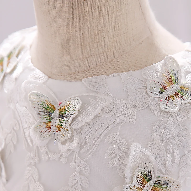 

Flower Girls Dresses Illusion Embroidery Luxury White Sleeveless Ball Gown Floor-Length Tulle Bow Kids Party Princess Skirt F028