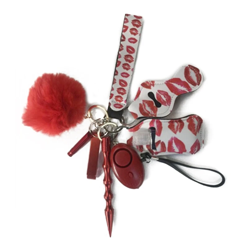 

R2LE Safety Keychain for Women Set with Alarm Window Breaker Pom Pom Wristlet Bottle Opener Lip Balm Holder Hand Wash Holder