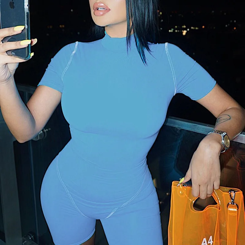 Женские новые сексуальные с коротким рукавом флуоресцентный комбинезон спортивные фитнес шорты для бега
