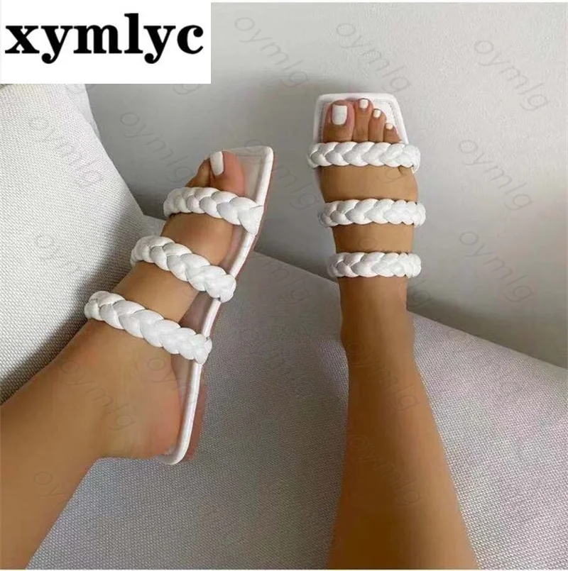 

2021 summer flat slippers women cross-border large size solid color European American dew shoes woman sandles shoes for women