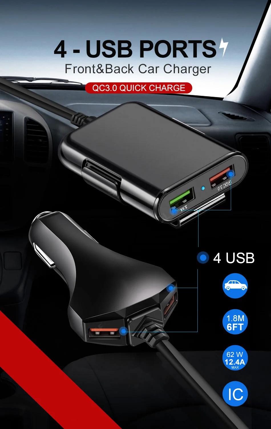 Crouch 60 Вт QC 3,0 4 USB Автомобильное зарядное устройство, адаптер для переднего заднего сиденья, портативное зарядное устройство для быстрой зарядки 3,0, автомобильное USB зарядное устройство для iPhone, samsung, Xiaomi