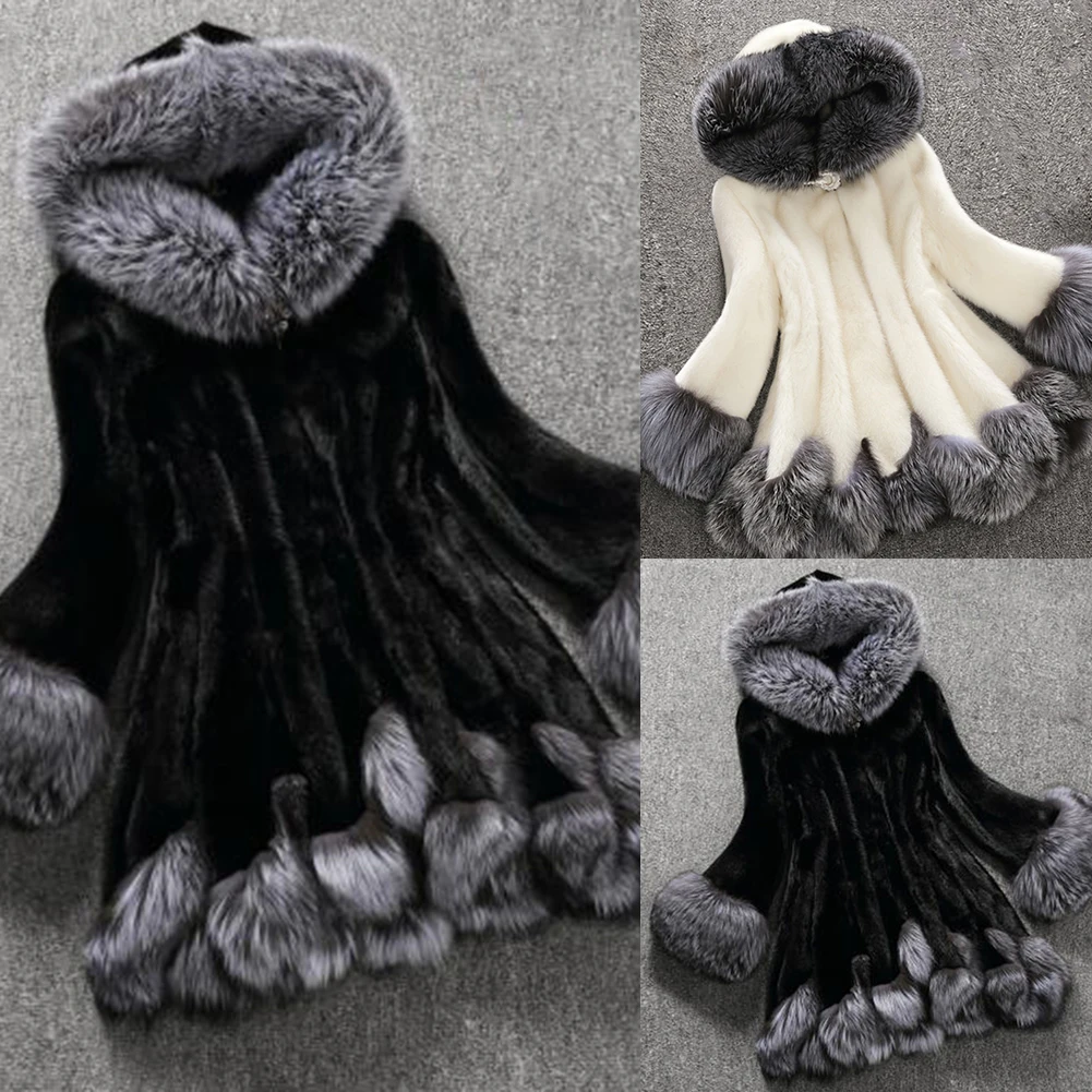 Winter Chic Women Faux Fur Plush Long Sleeve Hooded Button Overcoat Outwear Coat plush on the hat and sleeve cuff, warm enough t